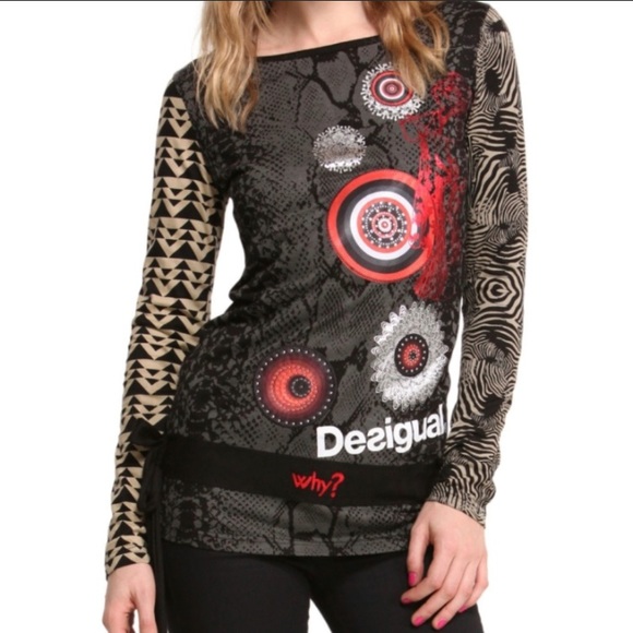 Desigual Long Sleeve T: red geisha & mandalas sz S - Picture 1 of 7